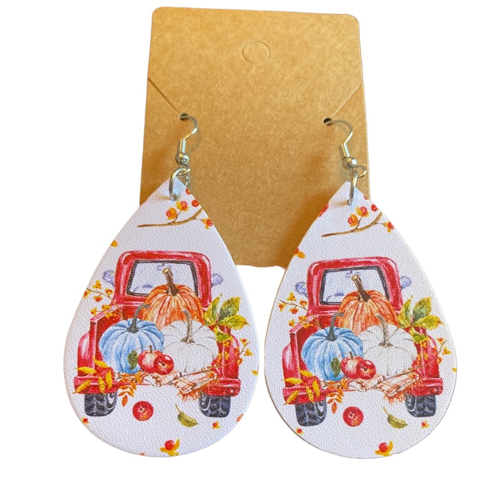 Fall Truck with Pumpkins Faux Leather Teardrop Earrings